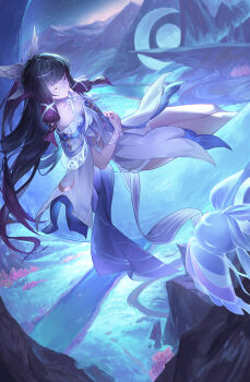 1girl absurdres bare_shoulders black_hair closed_eyes columbina_(genshin_impact) commentary cotta_(heleif) dress english_commentary eye_mask genshin_impact highres long_hair mask multicolored_hair outdoors purple_hair solo very_long_hair white_dress white_wings wings