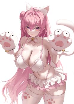 1girl absurdres animal_ears animal_hands bra breasts cat_ears cat_tail cleavage commentary_request dorothy_(nikke) fake_animal_ears fake_tail gloves goddess_of_victory:_nikke highres large_breasts long_hair looking_at_viewer midriff navel panties panty_straps paw_gloves paw_print pink_hair purple_eyes sami_(ami12702752) simple_background skirt solo tail thighhighs thighs underwear very_long_hair white_background white_bra white_panties white_skirt white_thighhighs