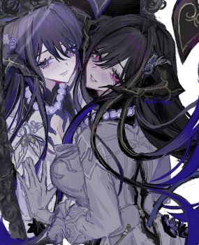 Rule 34 | 1girl, 2girls, black hair, blush, commentary request, constance (honkai: star rail), demon horns, dress, gloves, honkai: star rail, honkai (series), horns, jewelry, looking at viewer, mirror, mole, mole under eye, multiple girls, pink eyes, purple eyes, reflection, uma (npon zinsei), white dress, white gloves