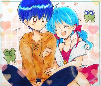 Rule 34 | 1boy, 1girl, animal, aoi (kero kero chime), arm hug, between legs, blue hair, blue pants, bow, closed eyes, closed mouth, commentary request, drawstring, dress, frog, fukatsuki mizuki, hair bow, hand between own legs, happy, heart, heart necklace, hetero, highres, hood, hood down, hoodie, indian style, jewelry, kero kero chime, looking at another, low twintails, mimori (kero kero chime), necklace, open mouth, orange eyes, orange hoodie, pants, pink bow, pink dress, signature, sitting, smile, strapless, strapless dress, traditional media, twintails