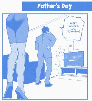 1boy 1girl blue_theme english_text flat_screen_tv high_heels indoors jacket legs living_room monochrome original pants shoes short_hair skirt speech_bubble studionice2011 talking television