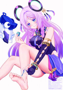 1girl absurdres applying_pedicure bare_shoulders black_gloves black_leotard blue_eyes bottle braid breasts citlali_(genshin_impact) commentary cosmetics facial_mark fingerless_gloves fingernails floating_headgear foot_out_of_frame forehead_mark genshin_impact gloves headgear highres holding holding_bottle holding_brush itzpapa_(genshin_impact) leotard long_hair medium_breasts multicolored_hair nail_polish nail_polish_bottle nail_polish_brush parted_lips pink_hair pink_pupils purple_hair purple_nails simple_background solo takane_pato toenails triangle triangle_facial_mark twin_braids very_long_hair white_background