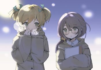 2girls :o bell black-framed_eyewear blonde_hair blue_background blurry blurry_background blush bokeh book breath brown_coat buttons coat collared_shirt covering_own_mouth daiba_nana depth_of_field dot_nose flipped_bangs glasses gradient_background green_eyes green_ribbon grey_hair hair_bell hair_between_eyes hair_ornament hair_over_one_eye hair_ribbon hands_up highres hood hood_down hooded_coat hoshimi_junna hugging_object long_hair long_sleeves looking_at_another looking_to_the_side low_side_ponytail multiple_girls open_mouth parted_bangs parted_lips ribbon shirt short_hair short_twintails shoujo_kageki_revue_starlight side-by-side side_ponytail sidelighting sleeves_past_fingers sleeves_past_wrists twintails upper_body white_background white_shirt youmi_zzz