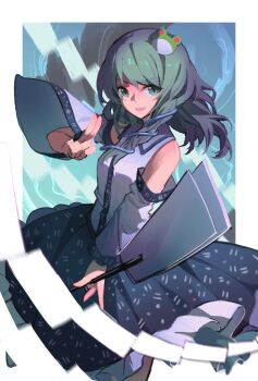 1girl blue_skirt chinese_commentary commentary_request detached_sleeves frog_hair_ornament gohei green_eyes green_hair hair_ornament highres holding holding_gohei kochiya_sanae long_hair looking_at_viewer minuo open_mouth skirt smile snake_hair_ornament solo touhou