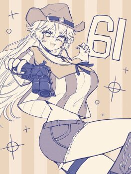 1girl aiming aiming_at_viewer boots breasts colt_single_action_army commentary_request cowboy_boots cowboy_hat cutoffs gun handgun hat highres iowa_(kancolle) iowa_(setsubun)_(kancolle) kantai_collection large_breasts long_hair nagi_kantai114 revolver sepia shirt short_shorts shorts solo sparkle striped_background striped_clothes striped_shirt weapon
