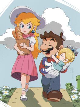 1boy 2girls baby baby_rosalina bag baguette bib blonde_hair blue_dress blue_eyes blue_footwear blue_overalls boots bread brown_footwear brown_hair carrying carrying_baby carrying_person closed_eyes cloud dress earrings facial_hair flower food gloves grass hat highres jewelry long_hair mario mario_(series) multiple_girls mustache nintendo open_mouth outdoors overalls pantyhose paper_bag path pink_dress princess_peach princess_peach_(vacation) red_shirt road rosalina shirt short_hair super_mario_odyssey teeth upper_teeth_only warp_pipe white_flower white_footwear white_gloves white_headwear yamari_(ya_mari_6363)