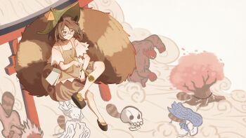 Rule 34 | 1girl, absurdres, animal ears, brown eyes, brown hair, brown shirt, brown skirt, chinese commentary, closed mouth, commentary request, crossed legs, futatsuiwa mamizou, glasses, green hat, hat, hat bell, highres, holding, holding smoking pipe, kiseru, minuo, open mouth, platform sandals, raccoon ears, raccoon girl, raccoon tail, sandals, shirt, skirt, skull, smile, smoking pipe, solo, tail, torii, touhou, transformation, tree