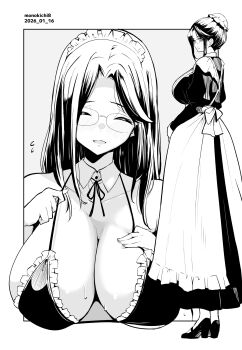1girl ^_^ artist_name bikini breasts closed_eyes collarbone commentary_request dated detached_collar greyscale highres kichihachi large_breasts long_sleeves maid maid_bikini maid_headdress monochrome multiple_views original puffy_long_sleeves puffy_sleeves shoes smile standing sweat swimsuit unconventional_maid