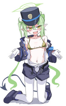 1girl :d ankle_boots armband bare_shoulders belt bikini black_belt black_boots black_hat black_jacket black_tail blue_archive blue_armband blush bone_hiko boots breasts buttons collarbone commentary_request dot_nose earrings fang full_body gloves green_hair green_halo hair_between_eyes half-closed_eyes halo hands_up hat jacket jewelry kneeling loli long_hair long_sleeves looking_at_viewer navel nozomi_(blue_archive) oekaki off_shoulder open_belt open_clothes open_jacket open_mouth open_shirt open_shorts paint_chat_(medium) palms pantyhose partial_commentary peaked_cap pointy_ears shirt shorts simple_background skin_fang small_breasts smile solo sweatdrop swimsuit tail twintails very_long_hair white_background white_gloves white_pantyhose white_shirt wide_sleeves yellow_bikini yellow_eyes