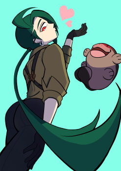 1girl absurdres ahoge androgynous ass asymmetrical_bangs black_gloves black_pants blowing_kiss bright_pupils clodsire collared_shirt commentary_request e6kaq2 ear_piercing earrings from_behind from_below gloves green_hair highres jewelry long_hair mudfish nintendo pants piercing pokemon pokemon_(creature) pokemon_scarlet_and_violet ponytail red_eyes reverse_trap rika_(pokemon) shirt solo_focus suspenders triangle_earrings white_pupils