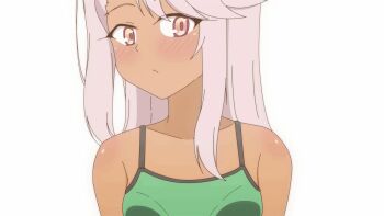 1girl animated animated_gif ass breasts censored chloe_von_einzbern clothes_pull dark-skinned_female dark_skin fate/kaleid_liner_prisma_illya fate_(series) female_focus hand_on_own_ass highres loli long_hair mosaic_censoring naughty_face nipples nude orange_eyes panties panty_pull pink_hair pussy shirt shirt_pull small_breasts smile solo tank_top teasing tongue tongue_out underwear undressing unworn_shirt zyor