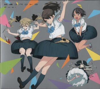4girls album_cover black_hair blonde_hair brown_hair chest_bow chuo_tanegashima_high_school_uniform cover daitoku_junna dark-skinned_female dark_skin falling food fukuda_tomonori highres holding holding_food holding_pocky kneehighs koujiro_frau long_hair looking_at_viewer midriff_peek multiple_girls navel non-web_source official_art open_mouth pleated_skirt pocky pocky_box robotics;notes sailor_collar scan school_uniform science_adventure senomiya_akiho shirt shoes short_hair short_sleeves skirt smile socks white_shirt yukifune_airi