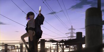 1girl black_hair black_jacket black_shoes cloud collared_shirt colored_inner_hair commentary_request full_body grey_shorts highres holding holding_phone jacket kis_sako looking_afar multicolored_hair open_clothes open_jacket original phone purple_eyes purple_hair shirt shoes shorts sitting sky sleeveless sleeveless_shirt solo sunrise utility_pole white_shirt