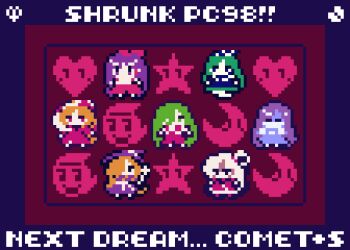 Rule 34 | 6+girls, artist name, blonde hair, blue dress, blue eyes, blue hair, bow, chibi, closed eyes, comet summoner98, commentary, dress, english commentary, english text, genderswap, genderswap (otf), ghost tail, green eyes, green hair, hair bobbles, hair bow, hair ornament, hair over one eye, hakurei reimu, hakurei reimu (pc-98), hat, heart, holding, holding scythe, japanese clothes, kazami yuuka, kazami yuuka (pc-98), kirisame marisa, kirisame marisa (pc-98), long hair, long sleeves, miko, mima (touhou), multiple girls, one side up, pants, pixel art, purple hair, red bow, red dress, red eyes, red pants, red skirt, sariel (touhou), scythe, shinki (touhou), shirt, skirt, touhou, touhou (pc-98), very long hair, vest, white hair, white hat, white shirt, witch hat