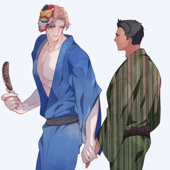 2boys absurdres ao_isami bara black_hair blonde_hair blue_eyes blush bravern chocolate-covered_food chocolate_banana commentary_request green_kimono highres japanese_clothes kimono lewis_smith llld_(2ldk1241) male_focus multiple_boys muscular muscular_male shirt yukata yuuki_bakuhatsu_bang_bravern