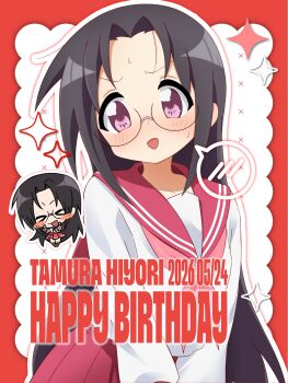 1girl birthday black_hair blush character_name chibi chibi_inset commentary dated glasses happy_birthday highres long_hair lucky_star meisoochuu pleated_skirt purple_eyes red_background round_eyewear ryouou_school_uniform school_uniform skirt speech_bubble tamura_hiyori two-tone_background untranslatable_commentary white_background
