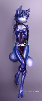 1girl :3 absurdres ancesra animal_ear_fluff animal_ears animal_nose artist_name belt blue_bodysuit blue_eyes blue_fur blue_gemstone blue_hair body_fur bodysuit breasts character_name circlet collarbone copyright_name english_text female_focus fox_ears fox_girl fox_tail full_body furry furry_female gem hair_ornament hand_on_own_cheek hand_on_own_face hand_up happy highres knees_together_feet_apart krystal leg_up logo looking_to_the_side medium_breasts nintendo parted_lips patreon_username purple_background shiny_clothes short_hair sidelocks simple_background skin_tight smile snout solo standing standing_on_one_leg star_fox star_fox_assault tail two-tone_fur watermark web_address white_fur zipper