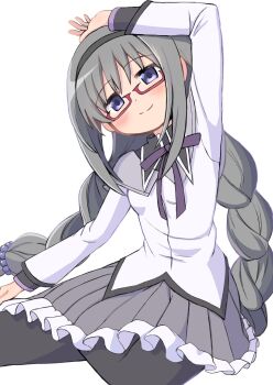 Rule 34 | 1girl, akemi homura, anime coloring, arm on own head, black capelet, black hairband, black pantyhose, bow, bowtie, braid, capelet, closed mouth, collared capelet, commentary request, cowboy shot, dancing, dot nose, dress, frilled skirt, frills, glasses, grey capelet, grey hair, grey skirt, hair bobbles, hair ornament, hairband, happy, head tilt, high collar, highres, layered sleeves, light blush, long hair, long sleeves, looking at viewer, low twin braids, magical girl, mahou shoujo madoka magica, mahou shoujo madoka magica (anime), mahou shoujo madoka magica magia exedra, miniskirt, pantyhose, pleated skirt, purple bow, purple bowtie, purple eyes, red-framed eyewear, riuriumagi, short dress, sidelocks, simple background, skirt, smile, solo, twin braids, two-tone capelet, very long hair, white background, white dress