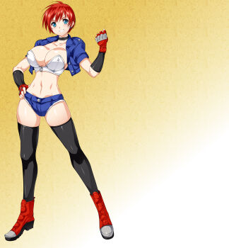 1girl blue_eyes bra breasts reference_sheet cowboy_shot fingerless_gloves full_body gloves hand_on_own_hip highres jacket jean_jacket kei_(smash_daisaku) looking_at_viewer looking_back non-web_source red_hair shoes short_hair shorts smash_daisaku sneakers thighhighs underwear