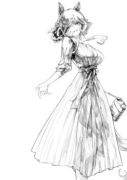 1girl absurdres alternate_costume animal_ears bag blush braid commentary_request dress feet_out_of_frame gentildonna_(umamusume) greyscale hasukurira head_tilt highres horse_ears horse_girl horse_tail long_hair looking_at_viewer monochrome open_door open_mouth smile solo standing tail umamusume yandere