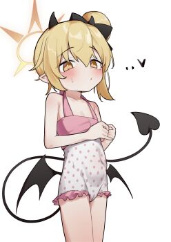 1girl absurdres alternate_costume bare_arms bare_shoulders black_bow blonde_hair blue_archive blush bow bright_pupils cameltoe commentary_request cowboy_shot demon_girl demon_horns demon_tail demon_wings frilled_one-piece_swimsuit frills hair_bow hair_bun halo heart highres horns ibuki_(anniversary_swimsuit)_(blue_archive) ibuki_(blue_archive) legs_together loli medium_hair one-piece_swimsuit orange_eyes own_hands_together parted_lips pink_one-piece_swimsuit polka_dot polka_dot_swimsuit raised_eyebrows simple_background single_side_bun solo sweatdrop swimsuit tail white_background white_pupils wings yellow_halo yungun_(dbsrjsdn0330)