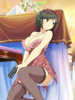 1girl armpit_crease bare_shoulders between_breasts black_hair blue_flower blush bouquet bow breasts brown_eyes brown_thighhighs candle chair chandelier cleavage collarbone dress fire flower folded_napkin frilled_dress frills frown gun hair_bow handgun heart heart_print holding holding_gun holding_weapon indoors jewelry lace lace-trimmed_thighhighs lace_trim large_breasts looking_to_the_side mai_(senran_kagura) necklace official_art open_mouth pink_dress pink_flower polka_dot polka_dot_bow senran_kagura senran_kagura_new_wave shiny_skin short_hair solo swept_bangs table tablecloth taking_cover thighhighs torn_clothes torn_dress weapon weapon_request white_flower