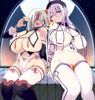 2girls bracelet breast_curtains breasts clothing_cutout detached_sleeves food food_in_mouth grey_hair hair_between_eyes halloween hat highres huge_breasts jewelry maebari multiple_girls navel navel_cutout ofuda ofuda_on_pussy one_eye_closed open_mouth original pelvic_curtain pointy_ears popsicle popsicle_in_mouth purple_hair red_eyes revealing_clothes sukage thighhighs white_thighhighs