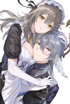 ... 1boy 1girl absurdres alternate_costume breast_press breasts cleavage commentary_request earrings elbow_gloves enmaided expressionless gloves grey_hair hair_between_eyes halo hand_on_another's_head head_wings hetero highres honkai:_star_rail honkai_(series) jewelry long_hair looking_at_viewer maid maid_headdress puffy_short_sleeves puffy_sleeves short_sleeves simple_background speech_bubble spoken_ellipsis spoken_sweatdrop stelle_(honkai:_star_rail) sunday_(honkai:_star_rail) sweatdrop trailblazer_(honkai:_star_rail) translation_request wf12ta white_background white_gloves white_wings wings yellow_eyes