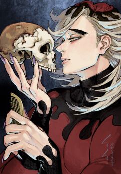 1boy blonde_hair commentary_request david_panty douma_(kimetsu_no_yaiba) hair_between_eyes highres kimetsu_no_yaiba long_hair long_sleeves male_focus patterned_hair red_shirt shirt skull solo tight_clothes tight_shirt