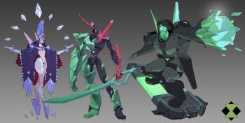 Rule 34 | 1girl, 2boys, absurdres, alien, back spikes, beard, ben 10, black bodysuit, bodysuit, chromastone, cloak, crystal, crystal arm, crystal hair, crystal hat ornament, crystal horns, crystal sword, curvy, facial hair, floating gem, forehead jewel, full body, gem, green eyes, green gem, gun, hands up, hat, highres, holding, holding sword, holding weapon, holster, holstered, horns, hoverboard, jzdraws, leotard, mitre, multiple boys, mustache, one-eyed, original, petrosapien, pink gem, platform heels, platform shoes, purple cloak, purple gem, red gem, shoes, single horn, sword, tetrax, weapon, white leotard, wide hips, yellow eyes