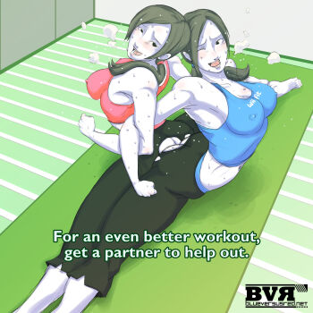 2girls :d ;d alternate_color armpits artist_logo ass-to-ass ass_cutout bare_shoulders barefoot black_hair blueversusred blush breasts breath butt_crack capri_pants cleavage clothing_cutout collarbone colored_skin covered_erect_nipples crop_top dual_persona english_text exercising hair_over_shoulder hair_tie heavy_breathing highres large_breasts locked_arms logo looking_at_another looking_back mat midriff multiple_girls nintendo nipples one_eye_closed open_mouth pale_skin pants parted_bangs ponytail sitting_split smile split subtitled sweat tank_top watermark web_address white_skin wii_fit wii_fit_trainer wii_fit_trainer_(female) yoga_mat yuri