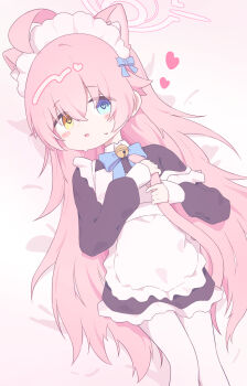 1girl :o @_@ absurdres ahoge alternate_costume animal_ears apron bell black_dress blue_archive blue_bow blue_bowtie blue_eyes blush bow bowtie cat_ears cat_girl cat_tail commentary_request cowboy_shot dress enmaided frilled_apron frilled_dress frills fyzt_nemu hair_bow hair_ornament halo heart heterochromia highres holding_own_tail hoshino_(blue_archive) jingle_bell long_hair long_sleeves looking_at_viewer maid maid_apron maid_headdress neck_bell open_mouth pantyhose pink_hair pink_halo pink_tail raised_eyebrows solo tail very_long_hair waist_apron white_background white_pantyhose yellow_eyes