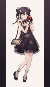 Rule 34 | 1girl, absurdres, anklet, apple, apple hair ornament, apple print, bag, black border, black bow, black bowtie, black dress, black gloves, black hair, black shoes, black wrist cuffs, book, border, bow, bowtie, braid, braided hair rings, buttons, center frills, closed mouth, collared shirt, dress, food, food-themed hair ornament, food print, frilled dress, frilled shirt, frilled shirt collar, frilled wrist cuffs, frills, fruit, fruit print, fruity wish (infinity nikki), full body, gloves, grey socks, hair bow, hair ornament, hair rings, hairclip, happy, high collar, high heels, highres, holding, holding food, holding fruit, infinity nikki, jewelry, knees, lace-trimmed socks, long hair, medium dress, meeako, mismatched wrist cuffs, nikki (series), one eye closed, parted bangs, pillarboxed, pinafore dress, polka dot, polka dot socks, pumps, purple eyes, shirt, shirt under dress, shoes, shoulder bag, simple background, sleeveless, sleeveless dress, sleeveless shirt, socks, solo, standing, twin braids, white background, white bow, white shirt, wrist cuffs