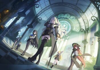 6+girls ahoge aqua_hair arm_up bare_shoulders black_boots black_gloves black_hair black_jacket black_pantyhose black_skirt boots breasts brown_hair cane cleavage closed_eyes closed_mouth clothing_cutout darcia_(stella_sora) double_bun dutch_angle firenze_(stella_sora) floating_hair frown game_cg gloves green_eyes green_streaks grey_hair grey_shirt hair_bun high_heel_boots high_heels highres holding holding_cane indoors jacket juliet_sleeves large_breasts light_particles light_rays long_hair long_sleeves mina_(stella_sora) miniskirt multicolored_hair multiple_girls non-web_source nyx_(stella_sora) official_art open_clothes open_jacket pantyhose pencil_skirt pleated_skirt puffy_sleeves ruby_(stella_sora) sapphire_(stella_sora) shirt shoulder_cutout skirt stella_sora streaked_hair stretching sunbeam sunlight thigh_boots united_harvest_(stella_sora) very_long_hair walking