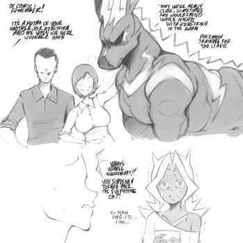 @_@ body_markings dark_skin father_and_daughter gen_5_pokemon highres husband_and_wife implied_bestiality implied_cheating_(relationship) monochrome nervous_sweating nintendo pokemon pokemon_(creature) pokephilia saltyxodium simple_background spiked_hair sweat zebstrika