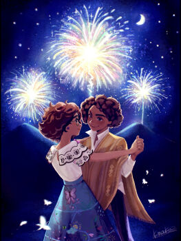 Rule 34 | 1boy, 1girl, brown eyes, brown hair, camilo madrigal, colombian clothes, commentary request, curly hair, dark-skinned female, dark-skinned male, dark skin, earrings, encanto, fireworks, glasses, green-framed eyewear, highres, hourglass print, jewelry, mirabel madrigal, night, shirt, short hair, skirt, smile, ugokerutotoro