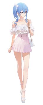 1girl absurdres alternate_costume asymmetrical_sidelocks bag bare_shoulders blue_eyes blue_hair blue_nails bracelet choker closed_mouth commentary cowboy_shot double-parted_bangs earrings english_commentary feet frilled_shirt_collar frills full_body hair_between_eyes hand_up handbag high-waist_skirt highres hololive hoshimachi_suisei jewelry miniskirt nail_polish off-shoulder_shirt off_shoulder pendant_choker pink_skirt pleated_skirt serelith shirt shoes side_ponytail sidelocks skirt solo star_(symbol) star_earrings star_in_eye star_pendant symbol_in_eye thighs toes variant_set virtual_youtuber white_bag white_choker white_shoes
