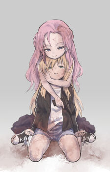 1boy 1girl beograd_metro_no_kodomotachi black_jacket blonde_hair blue_eyes chin_rest closed_mouth commentary_request crossdressing crossdressing_(mtf) cyzki_petrovic denim denim_shorts dirty dirty_clothes dirty_face expressionless full_body green_eyes grey_background gun handgun head_on_head head_rest highres holding holding_gun holding_weapon hug hug_from_behind issin. jacket long_hair long_sleeves looking_at_viewer makarov_pm mariya_obrenovici mud open_clothes open_jacket parted_lips pink_hair shirt shoes short_shorts shorts simple_background sitting smile sneakers track_jacket trap wariza weapon white_shirt