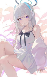 Rule 34 | 1girl, alternate costume, blue archive, blush, breasts, cleavage, dress, feet out of frame, grey hair, grin, halo, highres, jacket, large breasts, long hair, looking at viewer, mechanical halo, moshiwa (indigollite), noa (blue archive), open clothes, open jacket, purple eyes, smile, solo, white background, white dress, white jacket