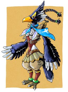 1boy anklet baggy_shorts beak belt bird_boy braid brown_belt commentary_request feathers full_body furry furry_male highres jewelry lee_(dragon_garou) male_focus neckerchief nintendo profile revali solo talons the_legend_of_zelda the_legend_of_zelda:_breath_of_the_wild