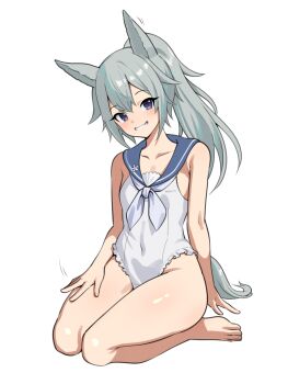 1girl :d ajidot animal_ears arknights bare_arms bare_legs bare_shoulders barefoot blue_eyes blue_sailor_collar blush casual_one-piece_swimsuit collarbone covered_navel flat_chest full_body grani_(arknights) grey_hair grin hand_on_lap highres horse_ears horse_girl horse_tail long_hair looking_at_viewer motion_lines neckerchief one-piece_swimsuit open_mouth parted_lips ponytail sailor_collar sitting smile solo swimsuit tail wariza white_neckerchief white_one-piece_swimsuit