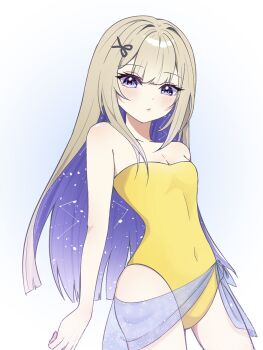1girl amanogawa_shiina bare_shoulders blonde_hair breasts cleavage closed_mouth colored_inner_hair commentary covered_navel cowboy_shot hashtag-only_commentary highres long_hair looking_at_viewer multicolored_hair one-piece_swimsuit phase_connect purple_eyes purple_hair sarong scissors_hair_ornament simple_background small_breasts solo standing starry_hair strapless strapless_one-piece_swimsuit swimsuit symbol-only_commentary tsukkitaan very_long_hair virtual_youtuber white_background yellow_one-piece_swimsuit