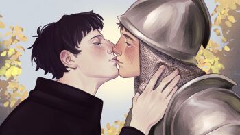 Rule 34 | 2boys, arm up, armor, black hair, black shirt, blunt ends, blush, breastplate, brown hair, chainmail, commentary, english commentary, eye contact, facial scar, hand on another's neck, helm, helmet, highres, katviin, kiss, knight, long sleeves, looking at another, male focus, multiple boys, original, outdoors, pauldrons, profile, scar, scar on cheek, scar on face, shirt, shoulder armor, upper body, yaoi