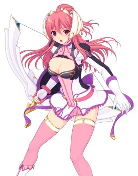 1girl :o boots bow bow_(weapon) breasts brown_eyes cleavage cleavage_cutout clothing_cutout dress en_ciel_rena en_ciel_rena_(sin) game_cg gloves hair_between_eyes hair_ornament headgear high_ponytail holding holding_weapon kourin_tenshi_en_ciel_rena large_breasts large_variant_set long_hair long_sleeves looking_at_viewer non-web_source official_art open_mouth pink_hair pink_thighhighs ponytail puffy_sleeves red_hair saitou_natsuki short_dress skirt solo suhamaya thighhighs tomoe_rena transparent_background turtleneck variant_set weapon white_gloves zettai_ryouiki