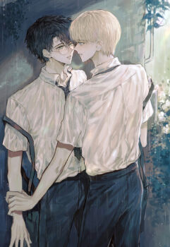 2boys black_pants blonde_hair blue_eyes collar draco_malfoy face-to-face glasses green_eyes hand_on_another's_arm harry_potter harry_potter_(series) kakiko_(15626244) lightning_bolt_symbol looking_at_another male_focus messy_hair multiple_boys necktie outdoors pants parted_lips rain scar scar_on_face scar_on_forehead school_uniform shirt short_hair standing teeth water water_drop wet wet_clothes white_shirt wing_collar wizarding_world yaoi