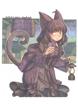 1girl ahoge architecture backpack bag bell black_dress blush border brown_hair cat_girl corset dress dusk east_asian_architecture frills from_side highres holding_lamp hood hooded_jacket jacket lamp long_sleeves looking_to_the_side making-of_available medium_hair meiz off-shoulder_jacket off_shoulder original outdoors outline painting_(medium) parted_lips red_eyes red_lips scenery shikishi sneaking solo town traditional_media watercolor_(medium) wavy_hair white_border white_outline