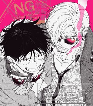 2boys cigarette commentary_request facial_hair bad_tag hair_over_one_eye highres jacket jacket_on_shoulders male_focus monkey_d._luffy multiple_boys mustache_stubble one_piece pink_background qkdrkqkdrks2 sanji_(one_piece) scar smoking stubble sunglasses tinted_eyewear watermark