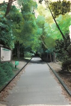 commentary day harusa1107 highres no_humans original outdoors painting_(medium) park path road scenery shadow sign sunlight symbol-only_commentary traditional_media tree