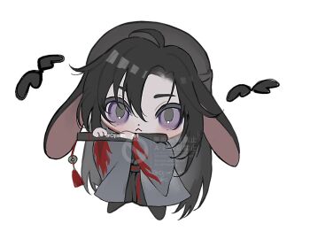 1boy :&lt; ahoge animal_ears bishounen black_boots black_hair black_hanfu boots chenqing_flute chibi chibi_only chinese_clothes closed_mouth coat dizi flute flute_tassel full_body grey_coat hair_between_eyes hair_down half_updo hanfu holding holding_flute holding_instrument instrument kemonomimi_mode long_hair long_sleeves looking_at_viewer male_focus modao_zushi music official_alternate_costume official_alternate_hairstyle ojisan_rbt open_clothes open_coat parted_bangs playing_flute playing_instrument purple_eyes rabbit_boy rabbit_ears red_sash robe sash simple_background solo standing tassel transverse_flute twitter_username very_long_hair watermark wei_wuxian wei_wuxian_(yiling_laozu) white_background wide_sleeves