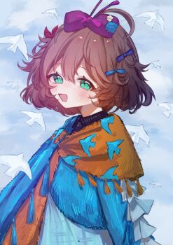 1girl :d ahoge blue_background blue_bow blue_dress blue_eyes blue_scarf bow brown_hair dress flutterpage hair_bow looking_at_viewer multiple_hair_bows open_mouth orange_scarf purple_bow red_bow reverse:1999 scarf senkichi_(sen_kchi) short_hair simple_bird smile solo two-tone_scarf upper_body